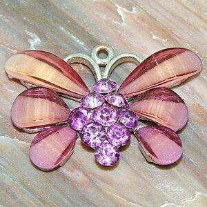 Rhinestone and Acrylic Butterfly Pendant Charm Silver Tone Purple Pink 1x1"